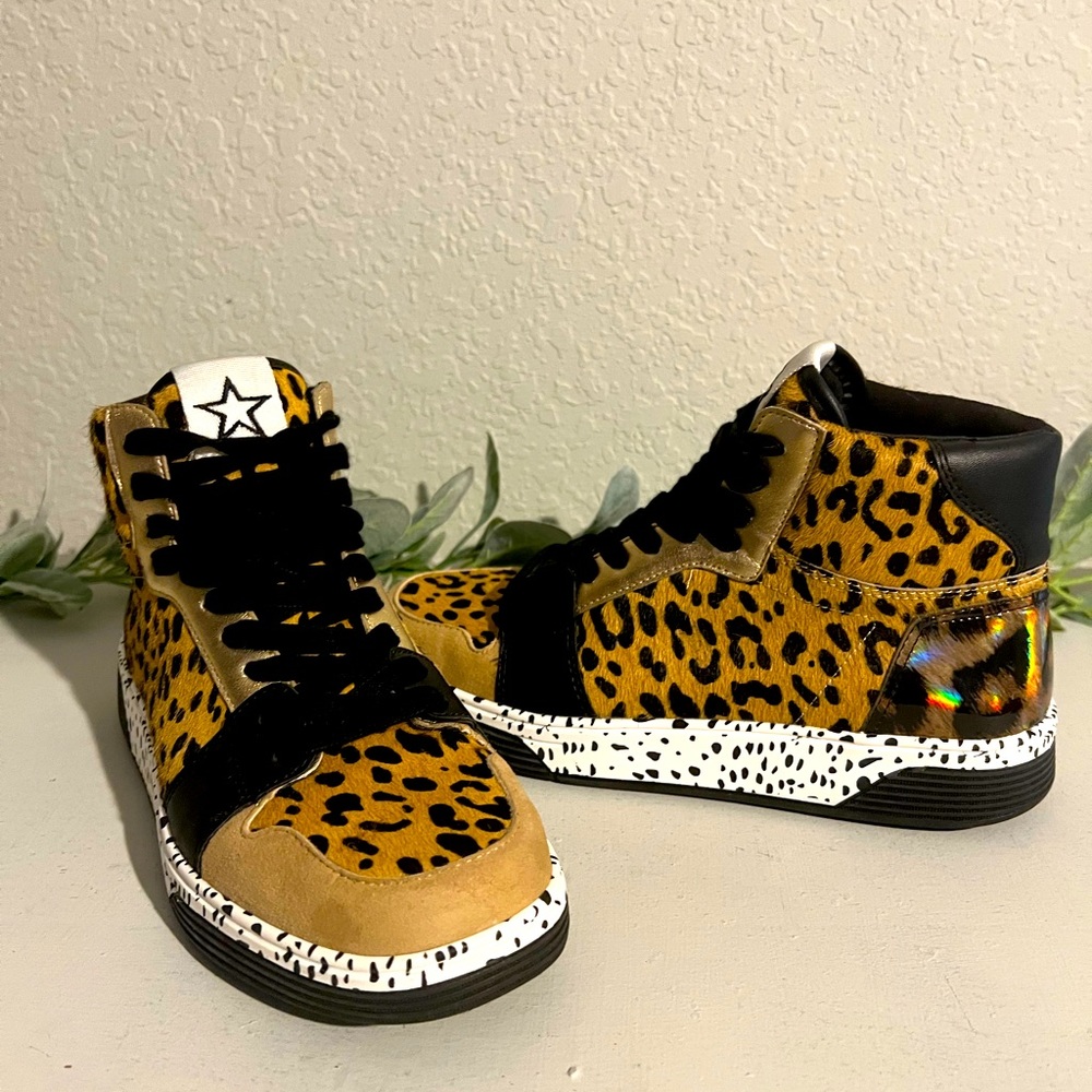 Women’s Steve Madden Freethrow Leopard High Top Lace-Up Leather Sneakers